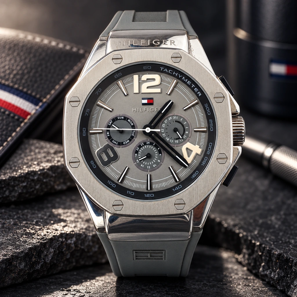 Gray-dial Hilfiger watch with a gray rubber strap in a premium product scene
