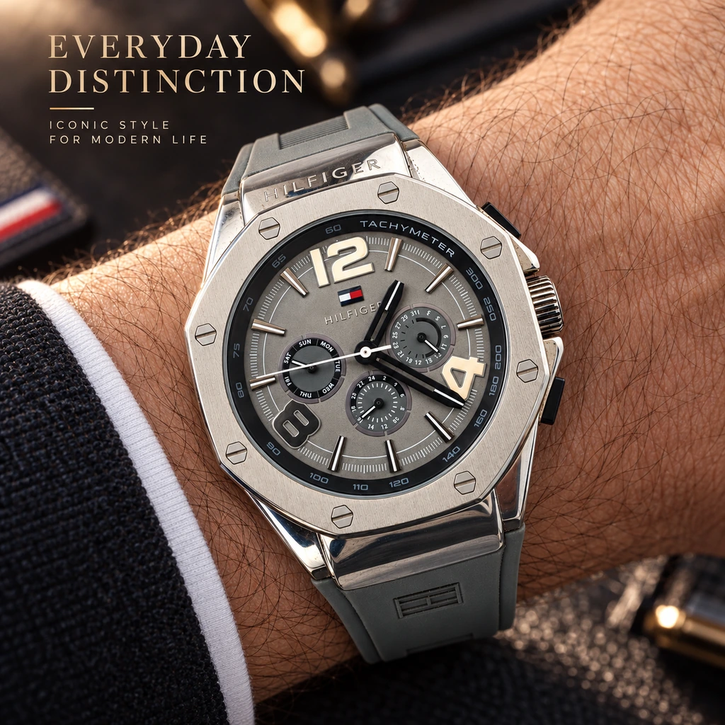 Hilfiger watch worn on a manâ€™s wrist