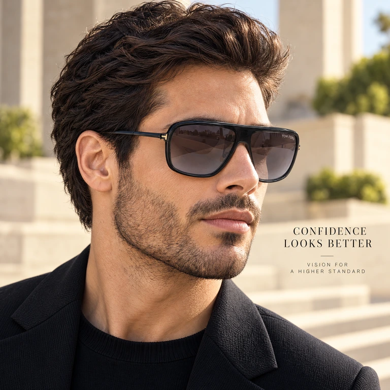 Close portrait of a man wearing Tom Ford sunglasses