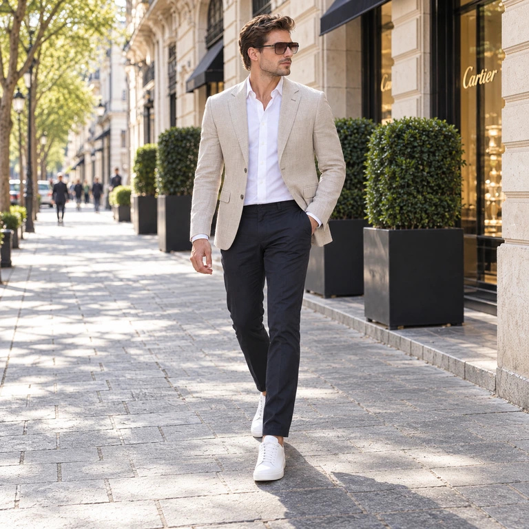 Full-body portrait of a man wearing Tom Ford sunglasses